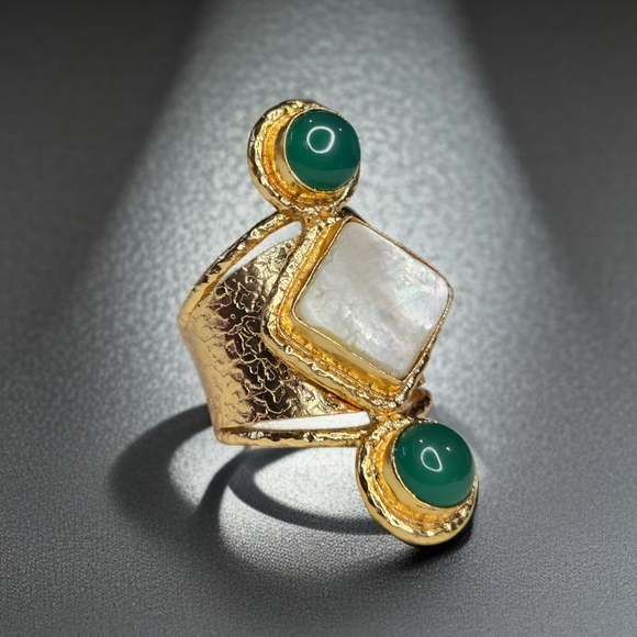 Designer Jewelry - 18k Gold Plated Artisan Emerald Cabochon Mother Of Pearl MOP Ring